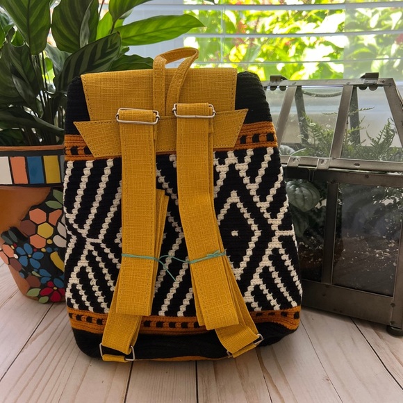 Black & Yellow Backpack for Women -  Hand-Knit Hippie Backpack- Unique Book Bag